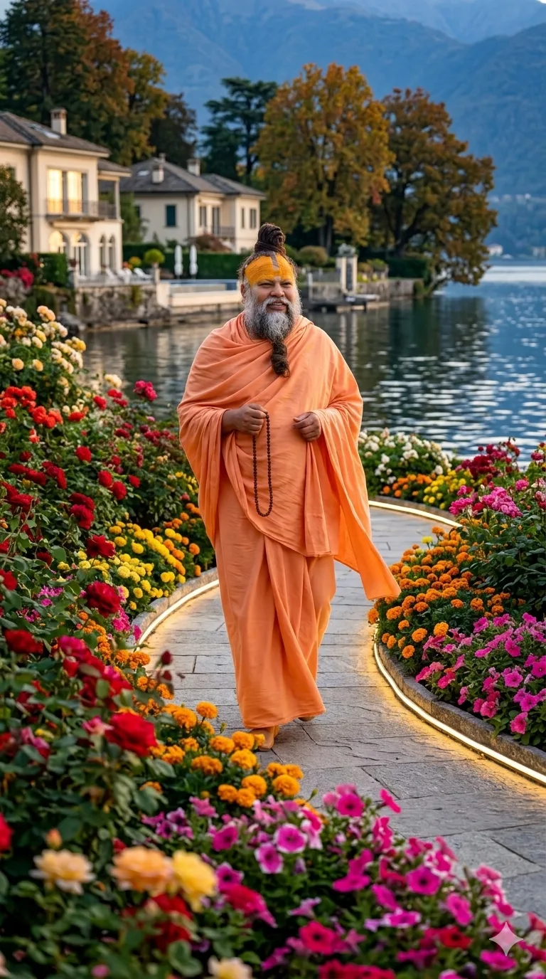 Premanand Ji Maharaj walking through a vibrant lakeside flower garden