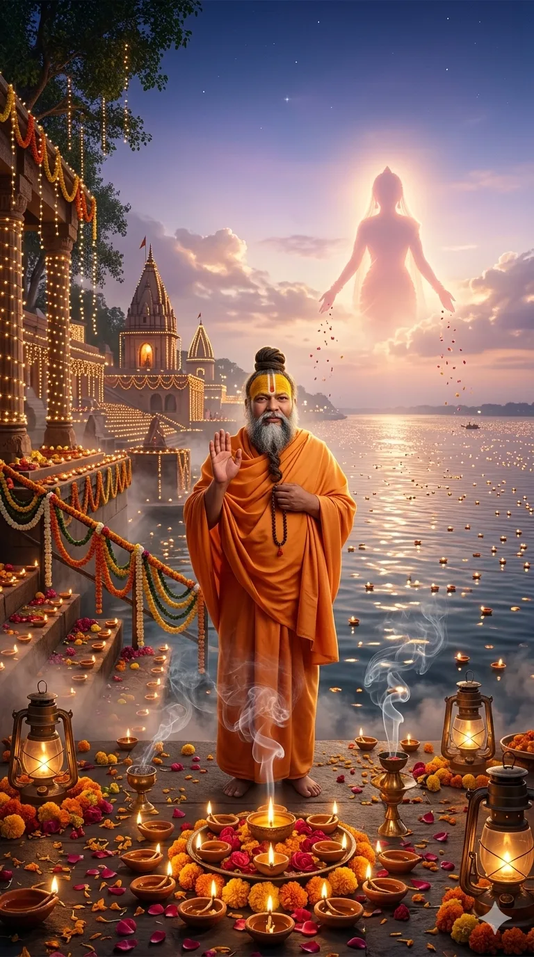 Premanand Ji Maharaj standing at a decorated riverside ghat during evening prayers