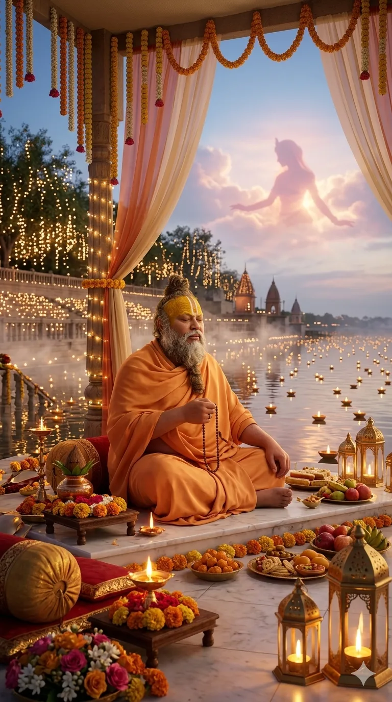 Premanand Ji Maharaj meditating beside sacred river surrounded by glowing diyas
