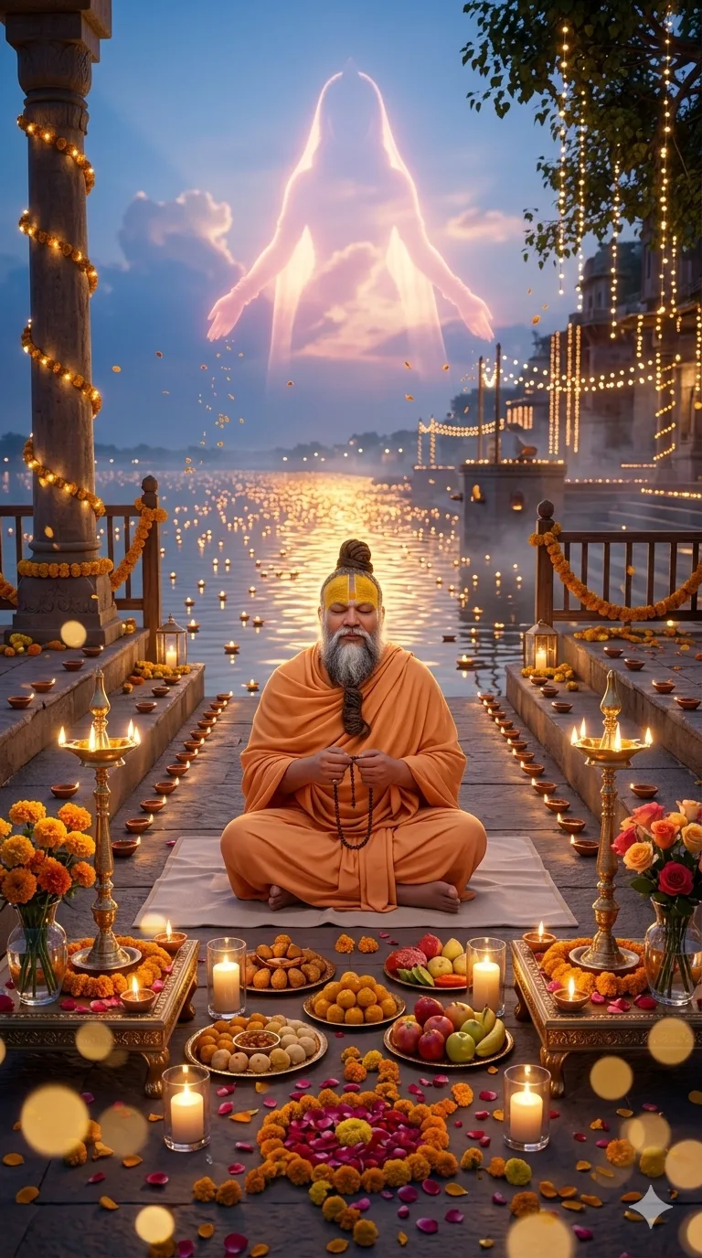 Premanand Ji Maharaj meditating among diyas beside a glowing riverside temple