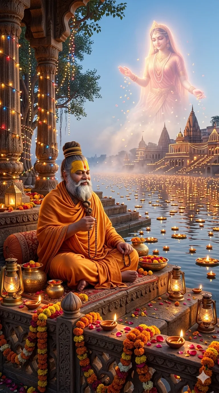 Premanand Ji Maharaj seated beside illuminated ghats during devotional evening worship