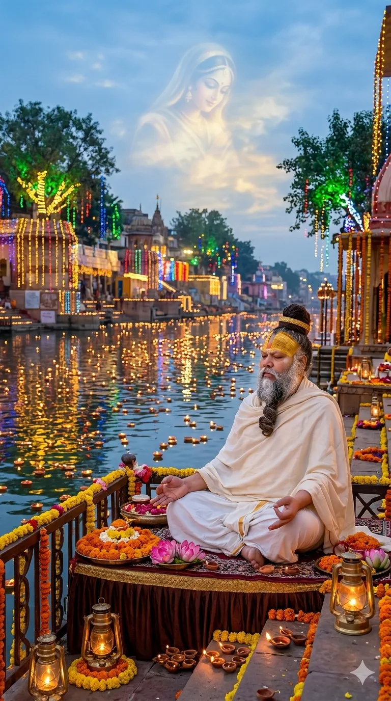 Premanand Ji Maharaj meditating beside illuminated riverfront during festive celebration