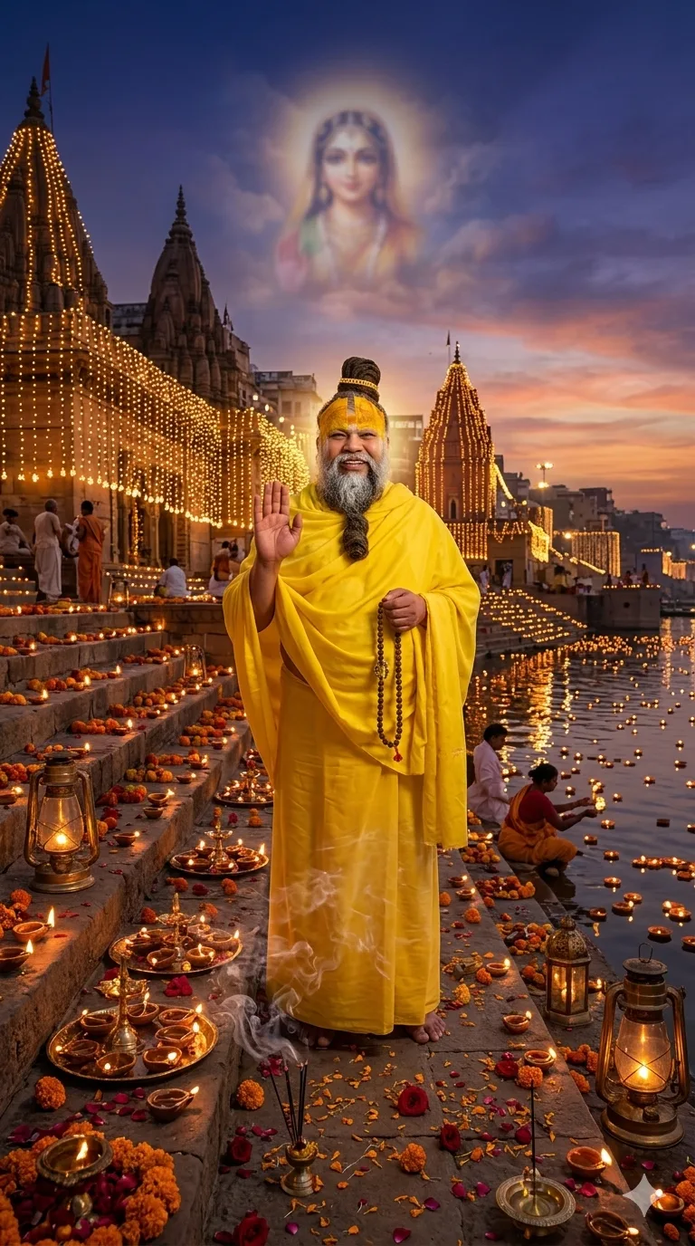 Premanand Ji Maharaj blessing devotees at illuminated riverside temple steps
