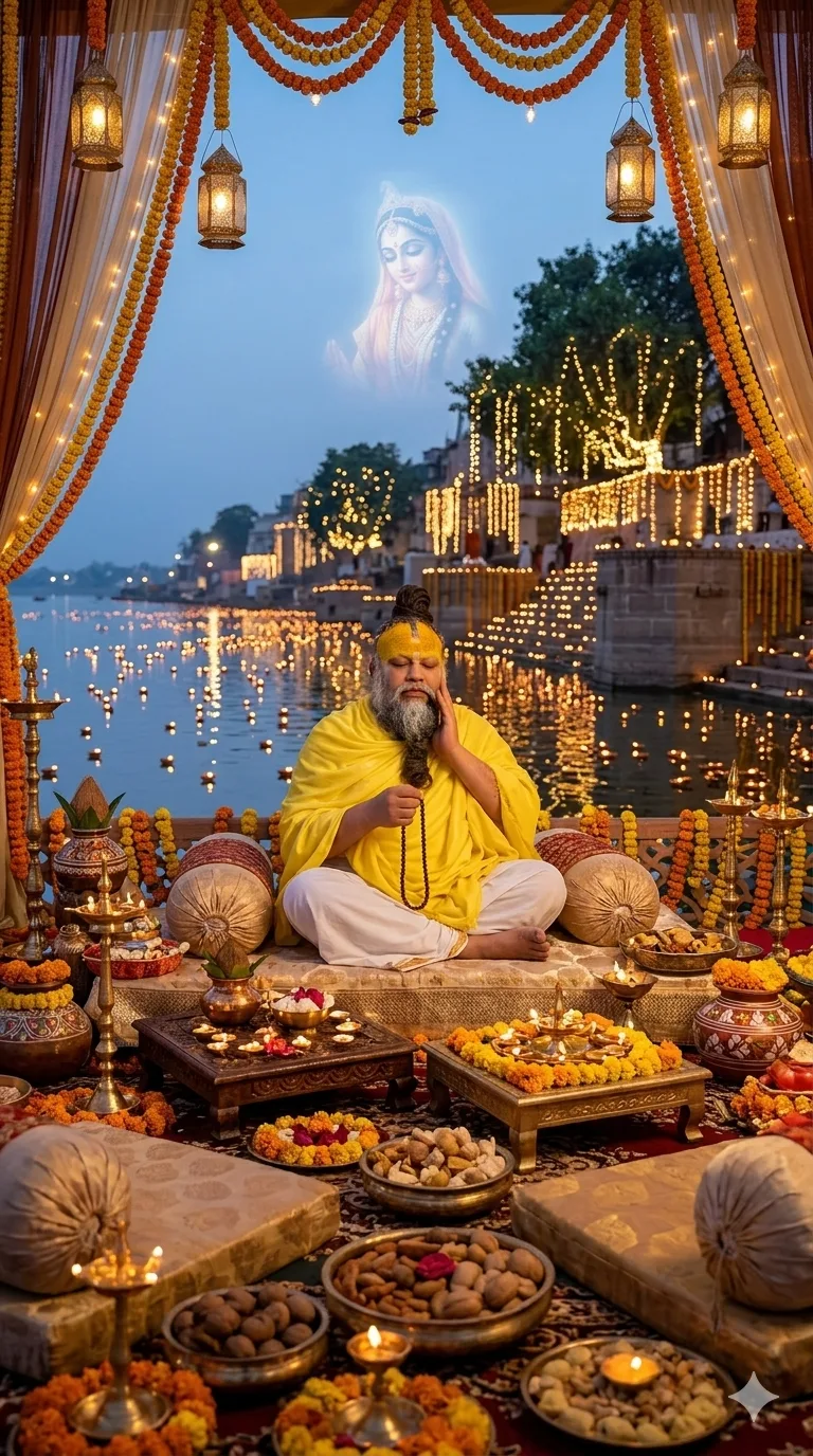 Premanand Ji Maharaj seated in prayer beneath decorated riverside pavilion