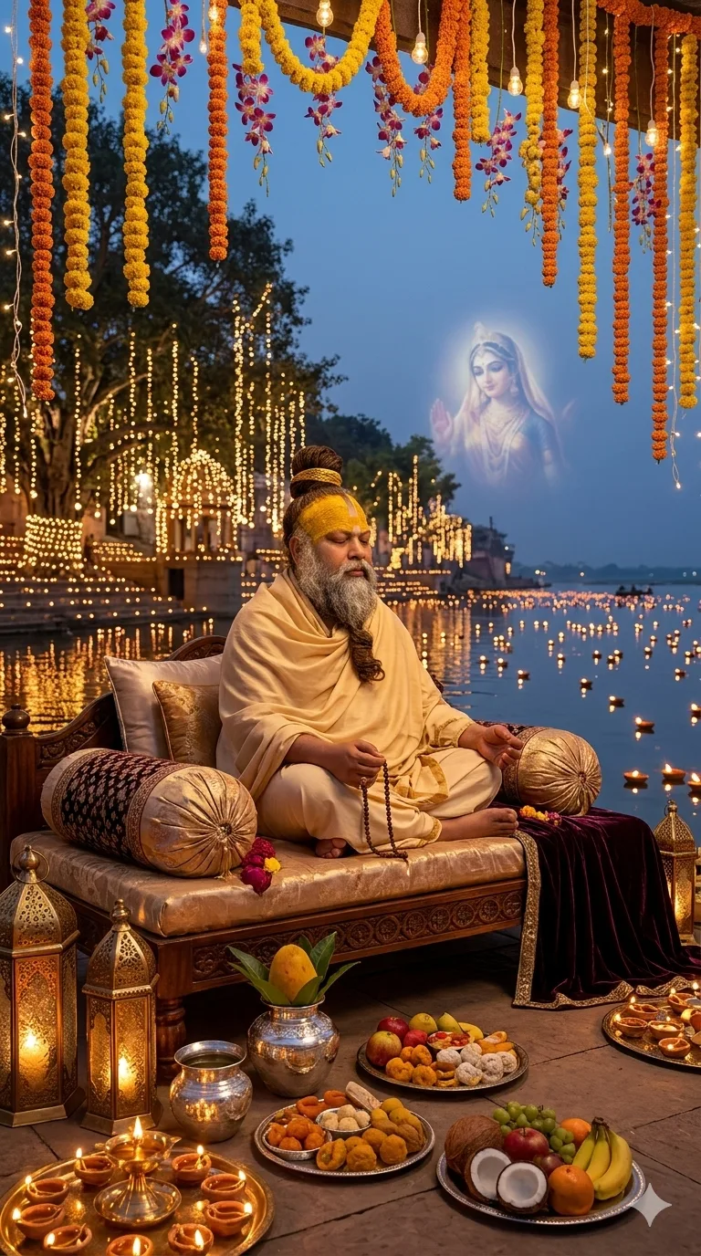 Premanand Ji Maharaj meditating beside river with diyas and floral offerings