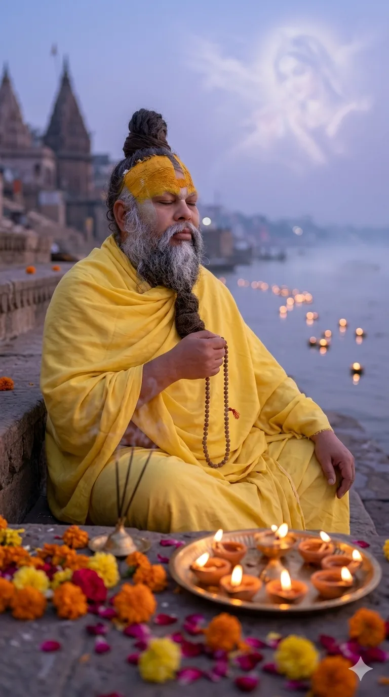 This devotional artwork features Premanand Ji Maharaj seated in deep meditation along a sacred riverside ghat. Surrounded by glowing diyas, flower petals, and calm river reflections, the serene atmosphere evokes spiritual peace, faith, and inner contemplation during the sacred evening hours.