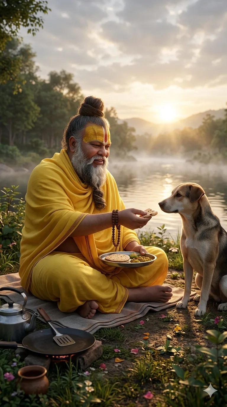 Premanand Ji Maharaj feeding a dog beside a peaceful riverside at sunrise