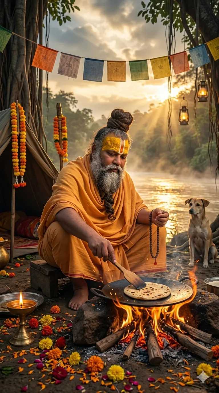 Premanand Ji Maharaj cooking roti over campfire beside misty river