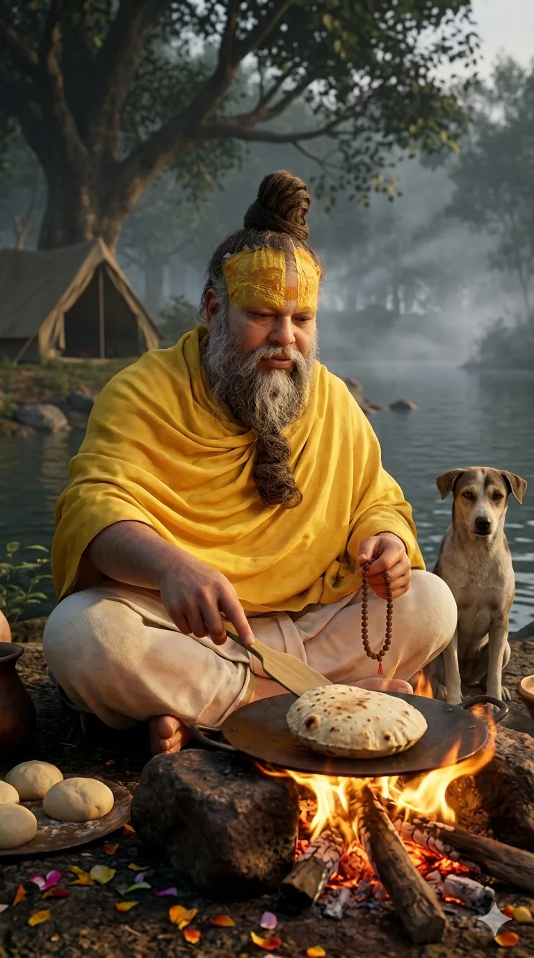 Premanand Ji Maharaj preparing fresh roti beside flowing riverside campsite