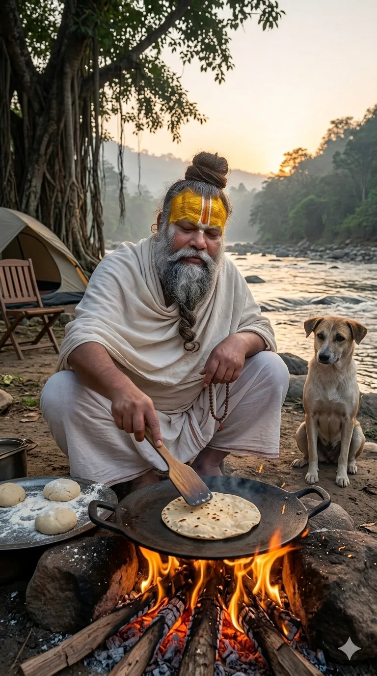 Premanand Ji Maharaj cooking flatbread near river under ancient tree