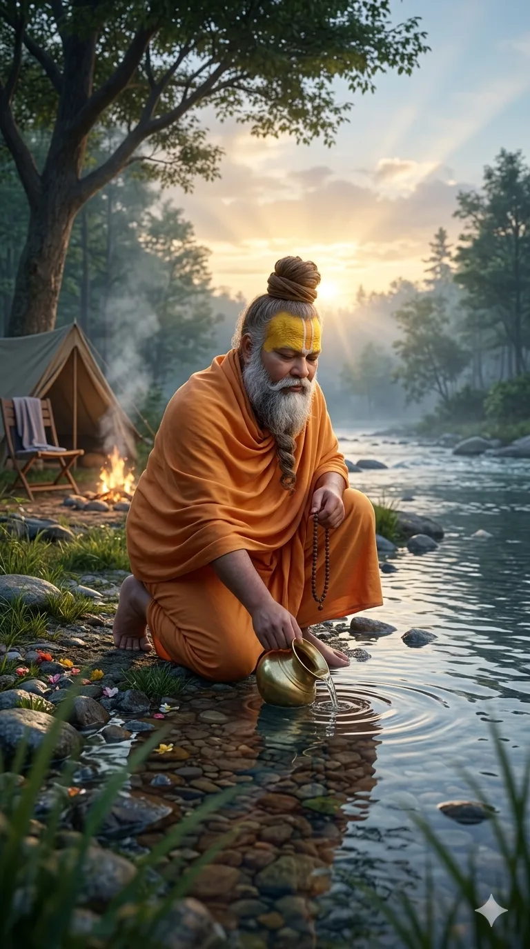 Premanand Ji Maharaj offering water into river during peaceful sunrise
