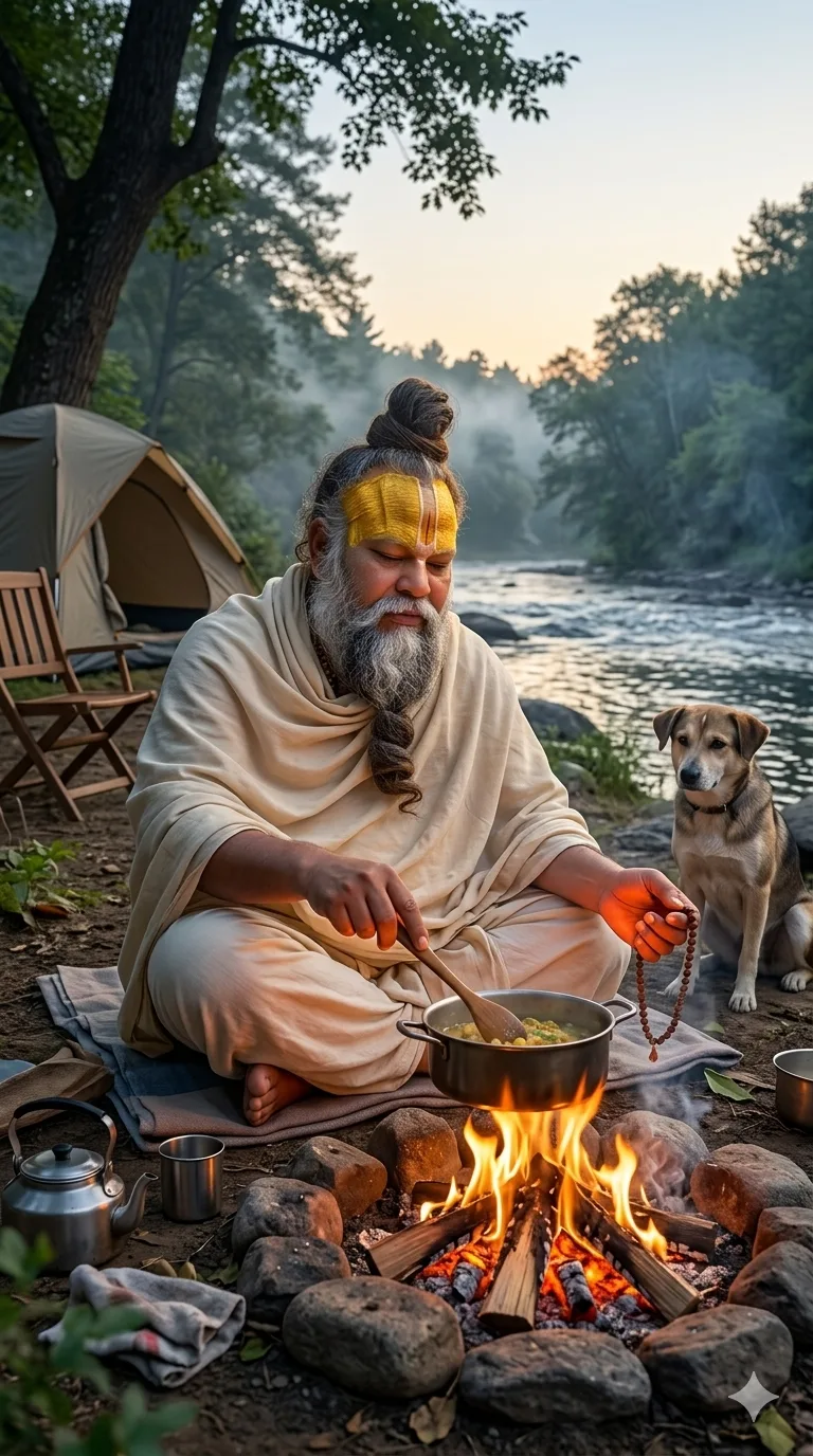 Premanand Ji Maharaj stirring food over fire beside riverside campsite