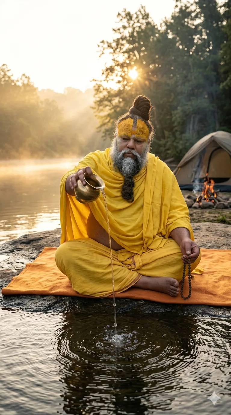 Premanand Ji Maharaj pouring water from vessel into calm river
