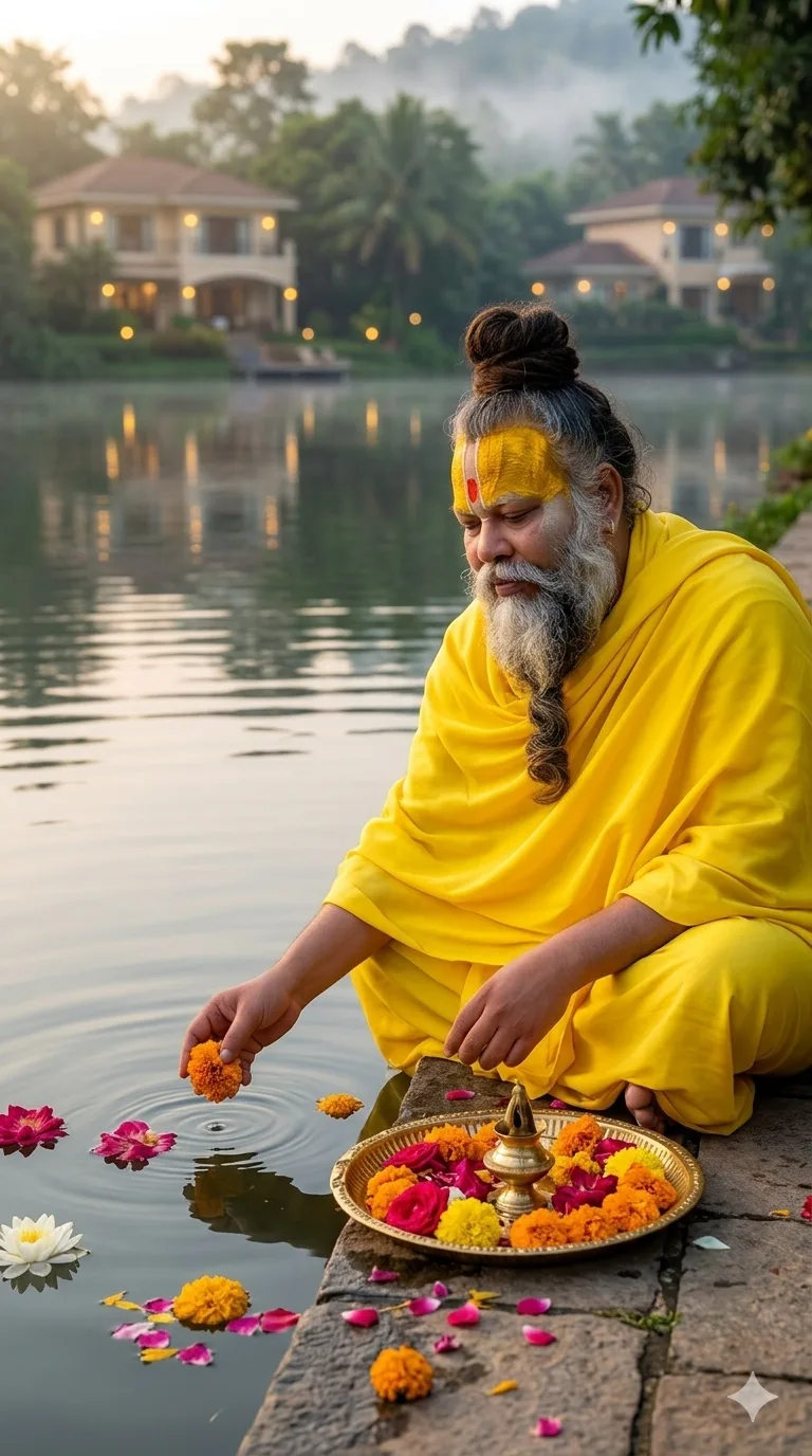 Premanand Ji Maharaj offering flowers into lake during devotional ritual