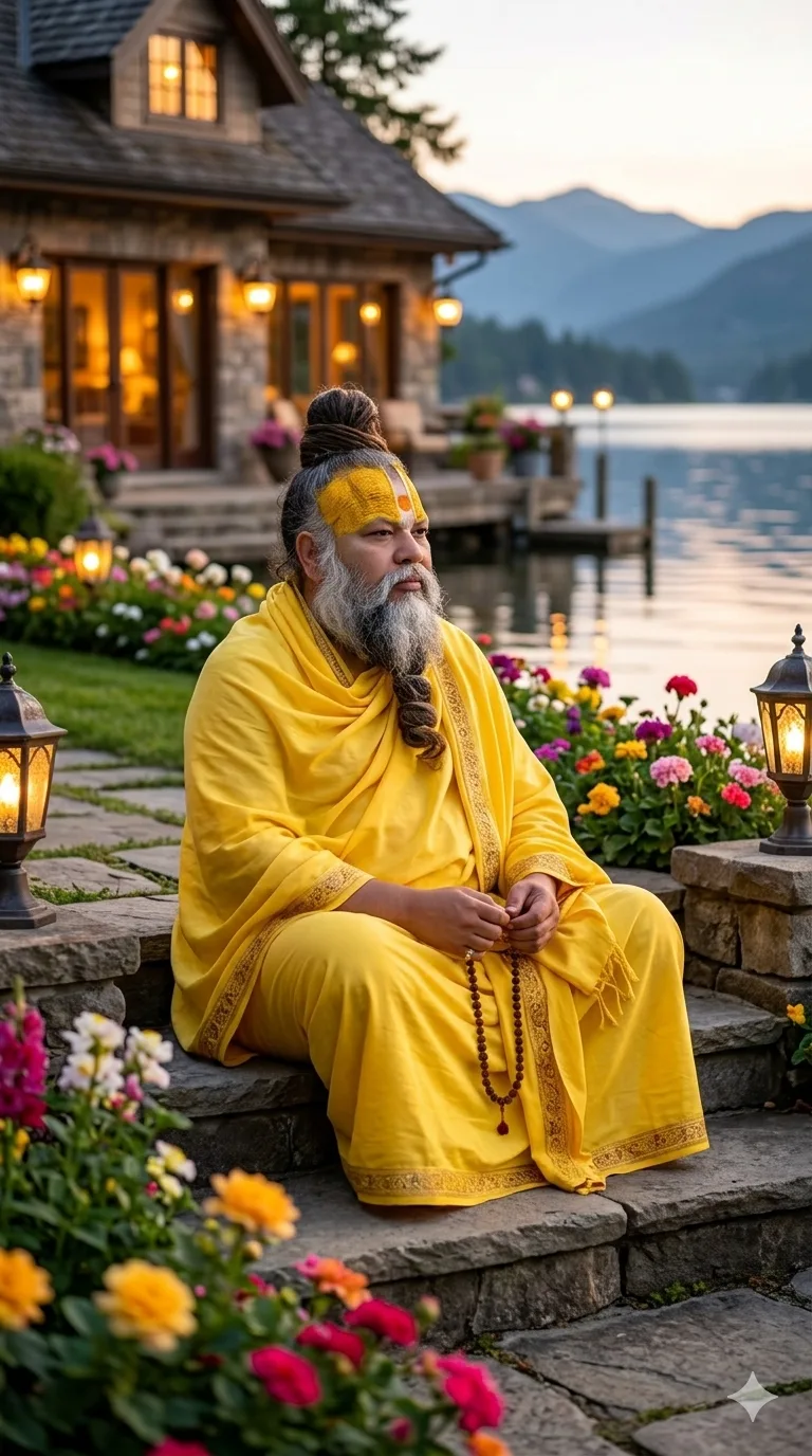 Premanand Ji Maharaj meditating near lakeside garden with glowing lanterns