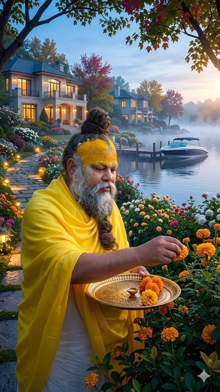Premanand Ji Maharaj offering flowers in vibrant lakeside garden landscape