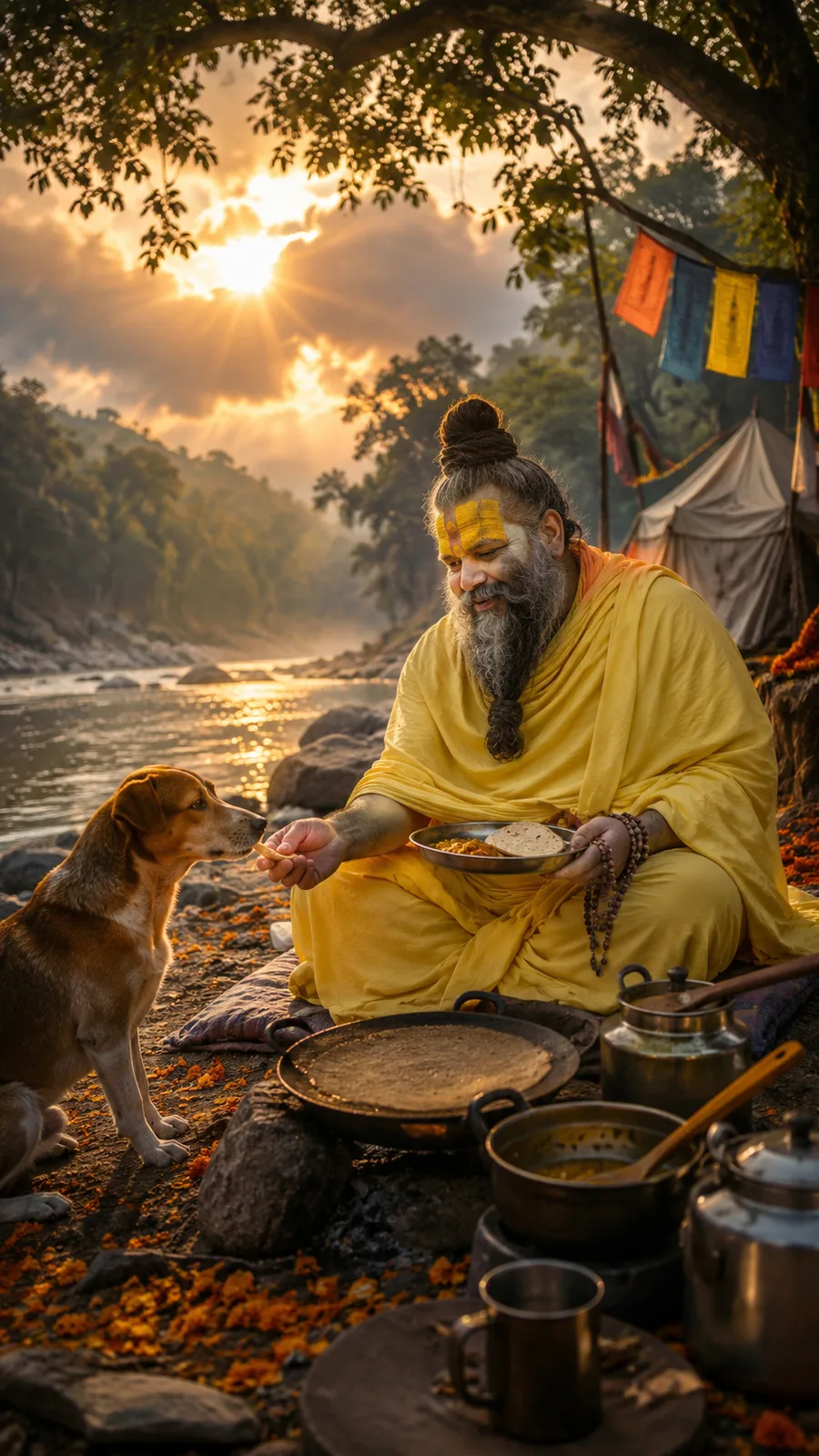 Premanand Ji Maharaj feeding a dog beside river during sunset