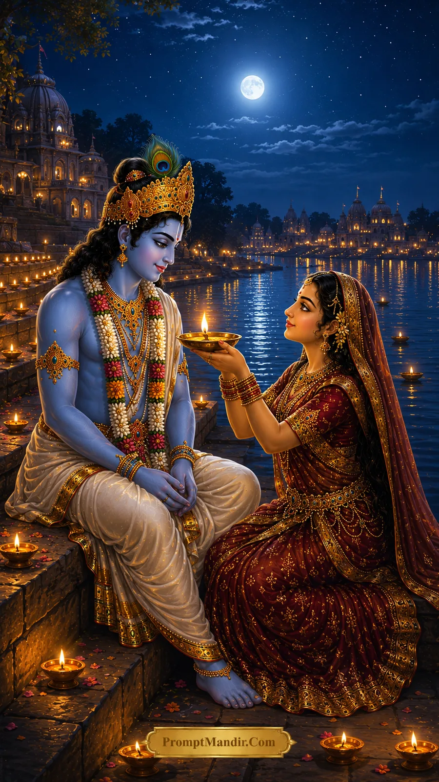 Radha Krishna moments moonlit riverside diya ceremony AI art prompt