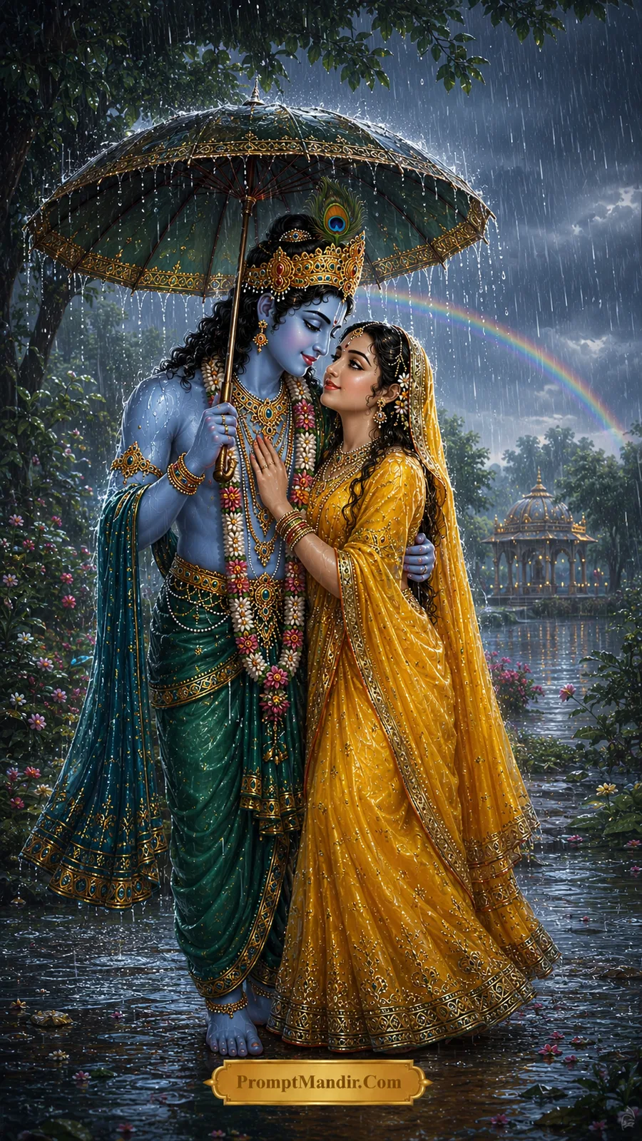 Radha Krishna moments romantic monsoon embrace AI image prompt