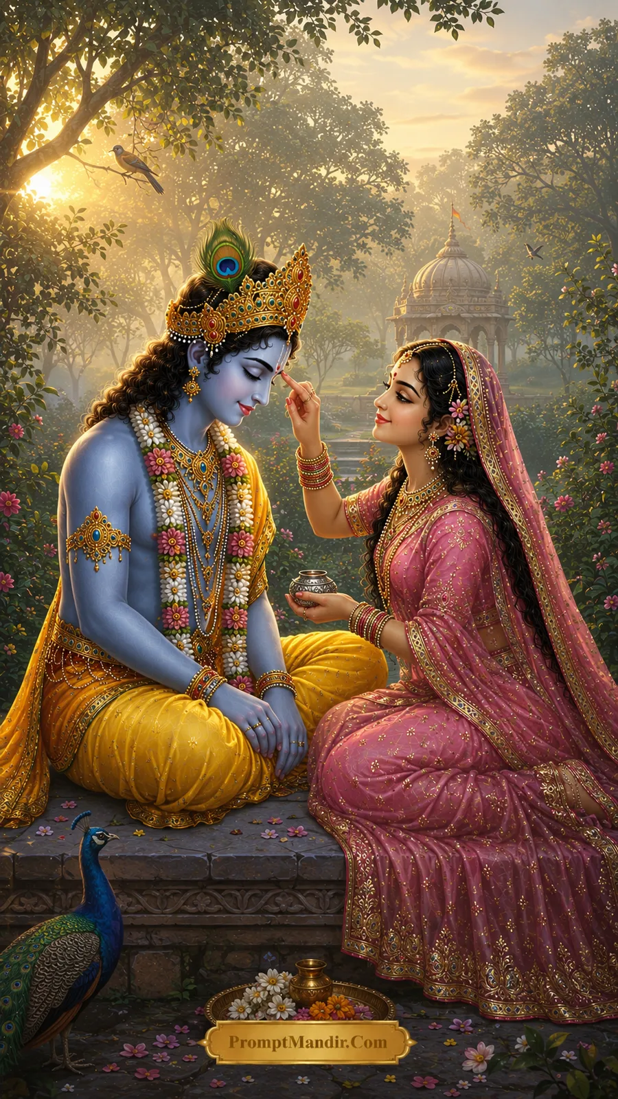 Radha Krishna moments tilak blessing garden AI art prompt