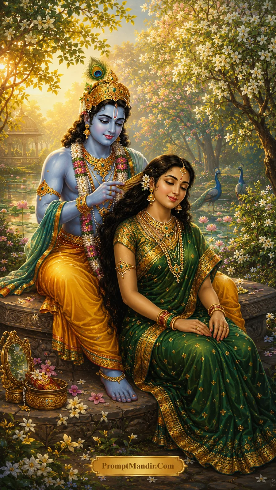 Radha Krishna moments floral garden hair styling AI prompt