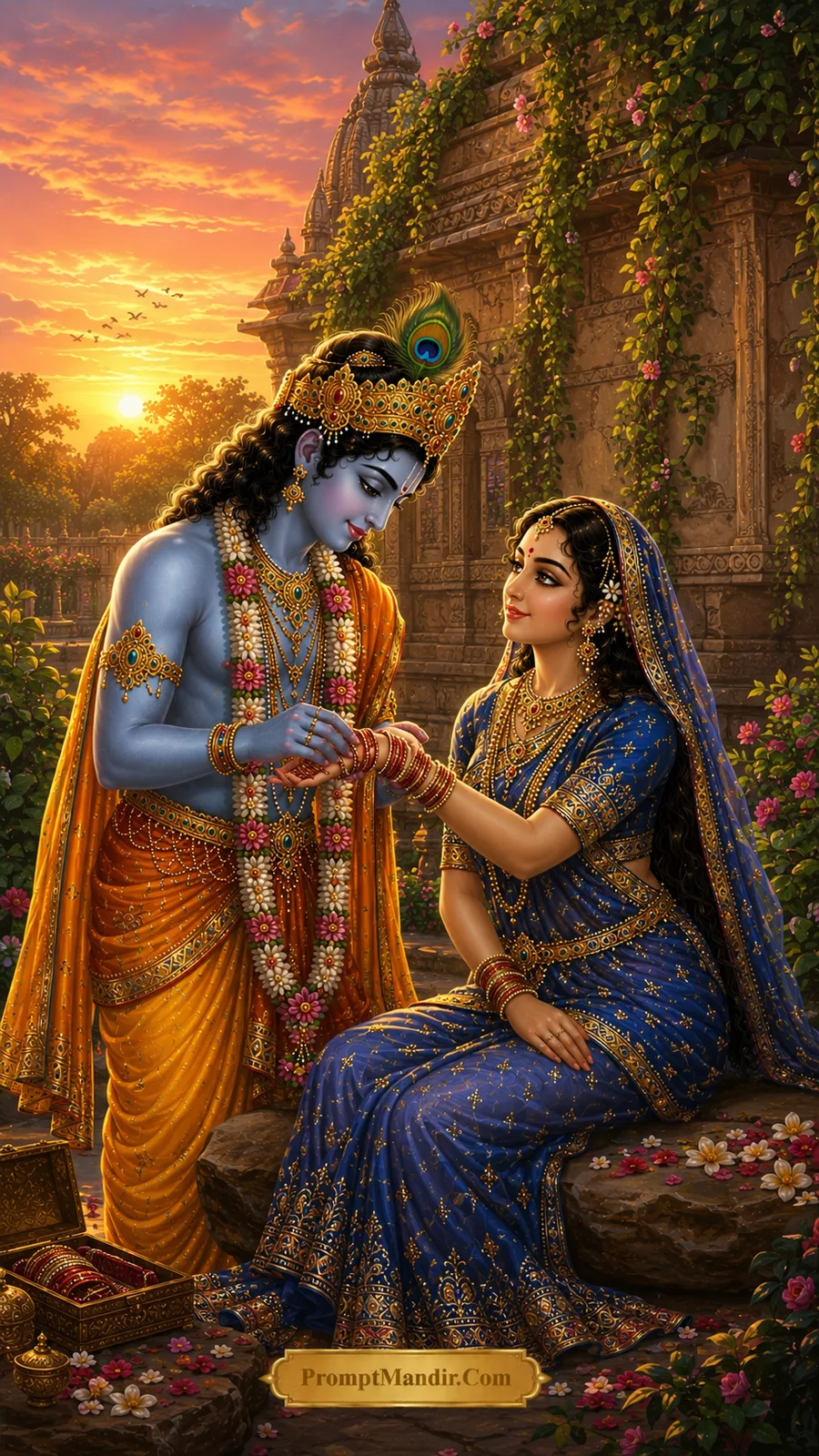 Radha Krishna moments sunset bracelet ritual AI art prompt