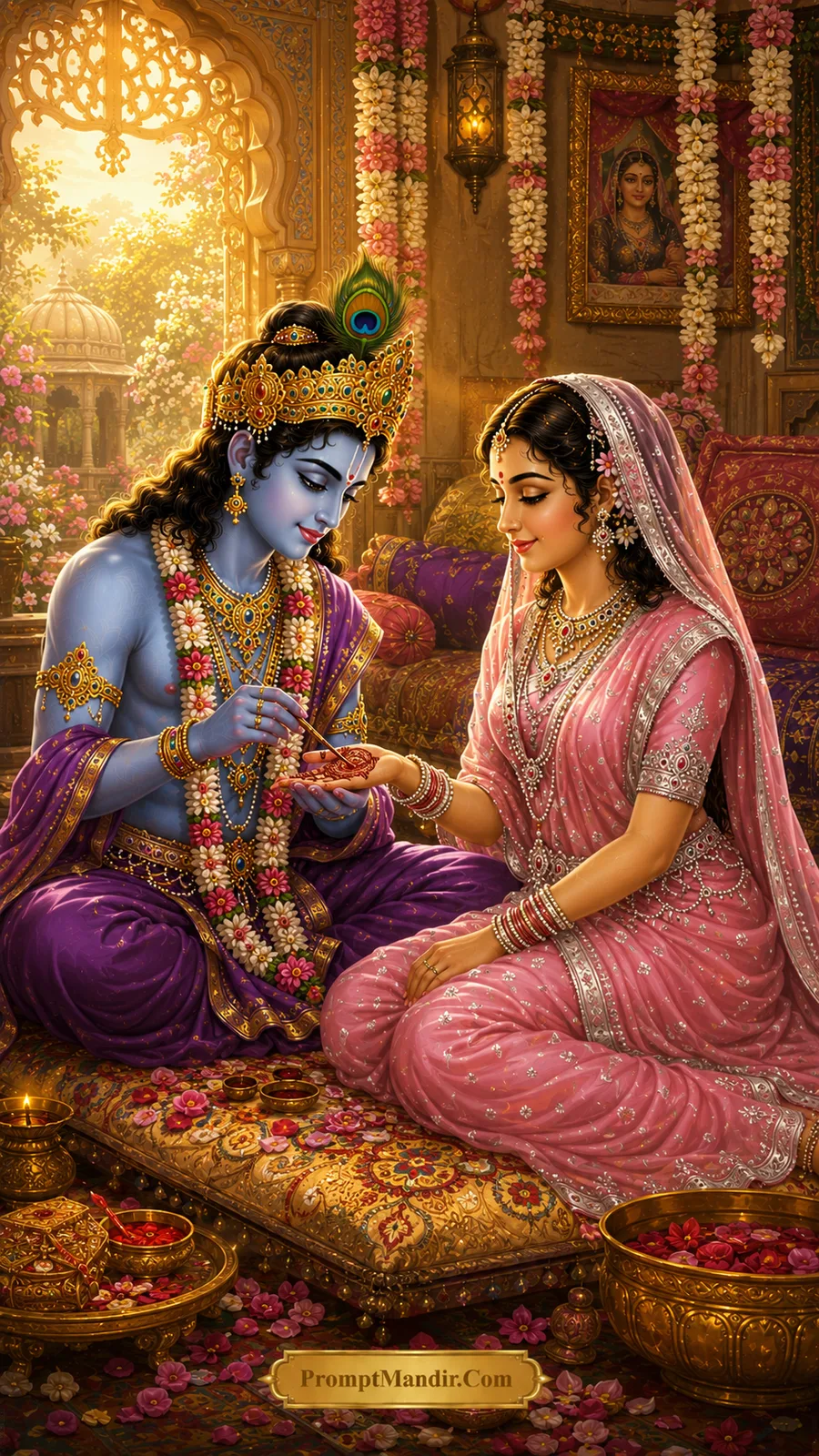 Radha Krishna moments sacred mehndi ceremony AI prompt