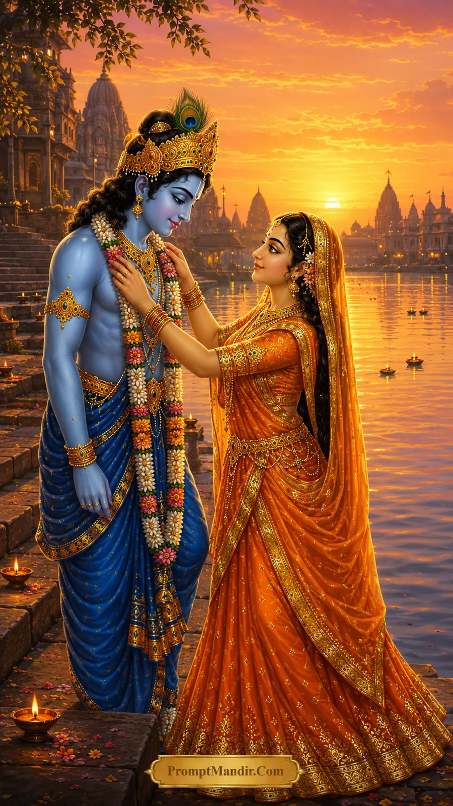 Radha Krishna moments golden riverfront devotion AI image prompt