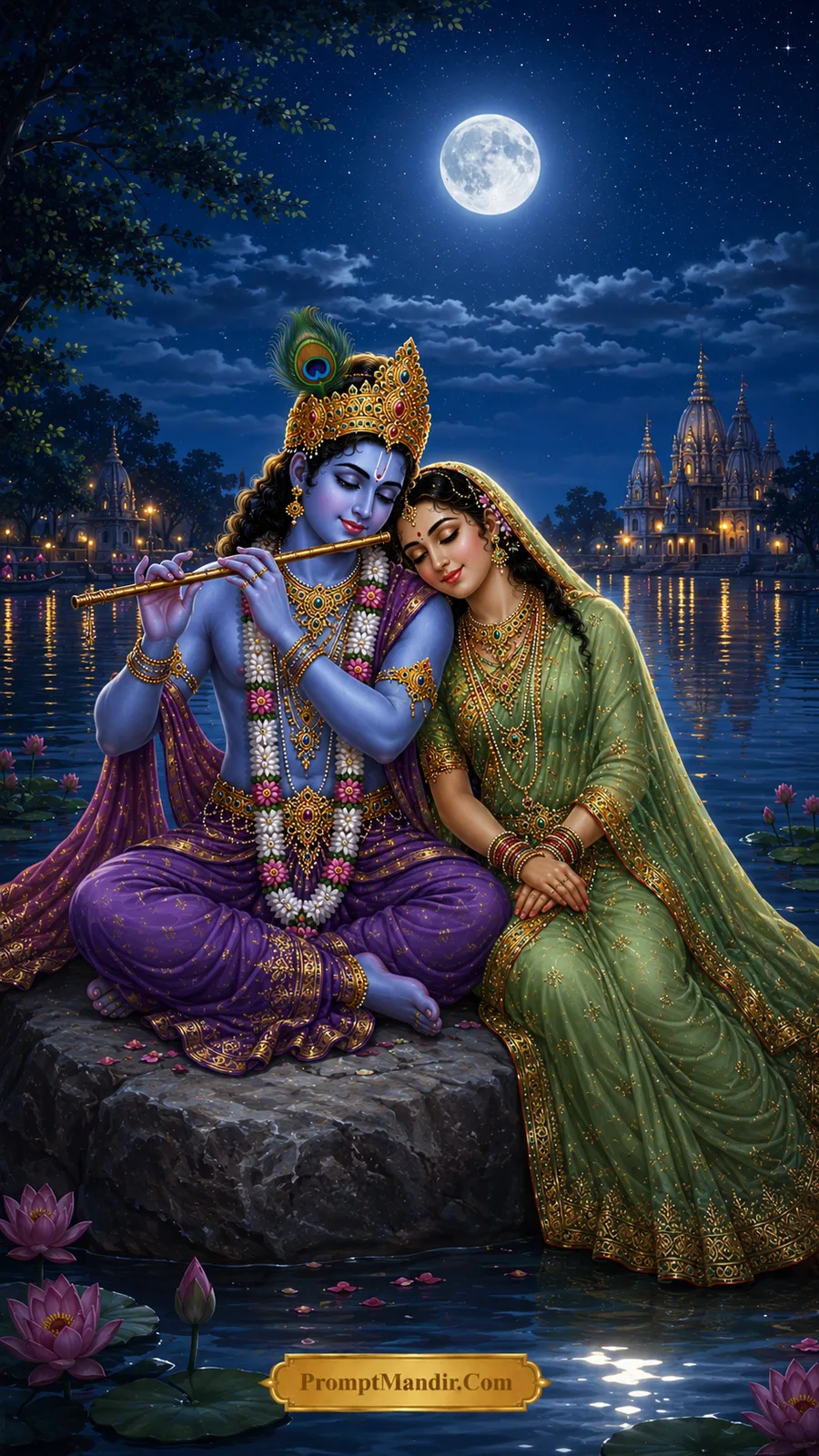 Radha Krishna moments moonlit flute melody AI prompt