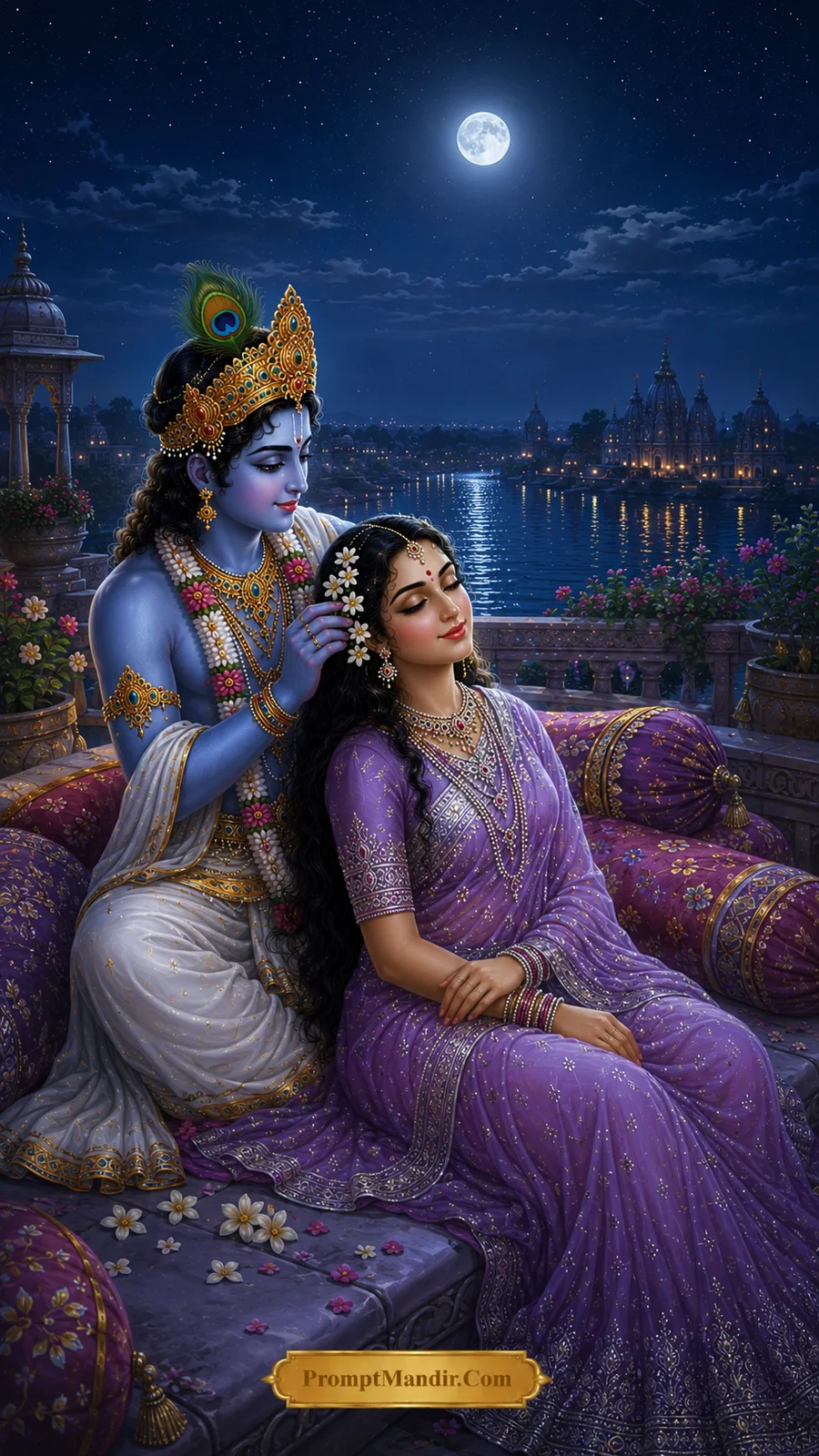 Radha Krishna moments royal terrace moonlight AI art prompt