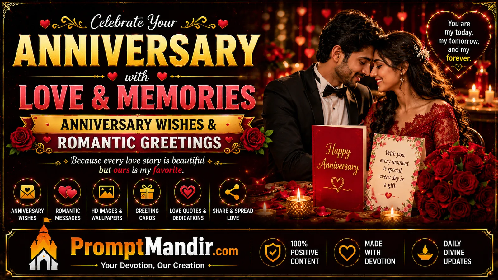 Romantic anniversary wishes wallpaper with loving couple, roses and candlelight celebration