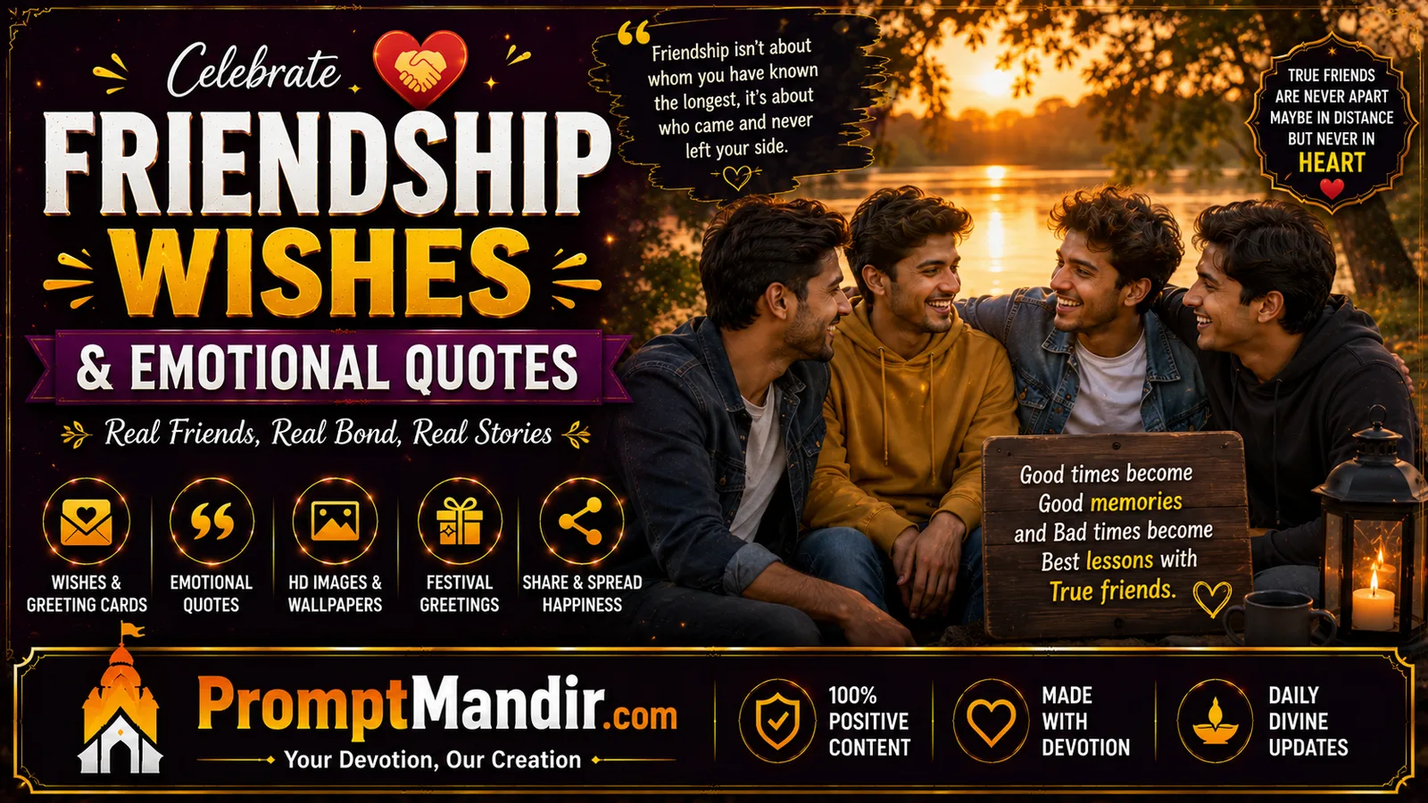 Friendship wishes wallpaper with close friends enjoying together near sunset lake view