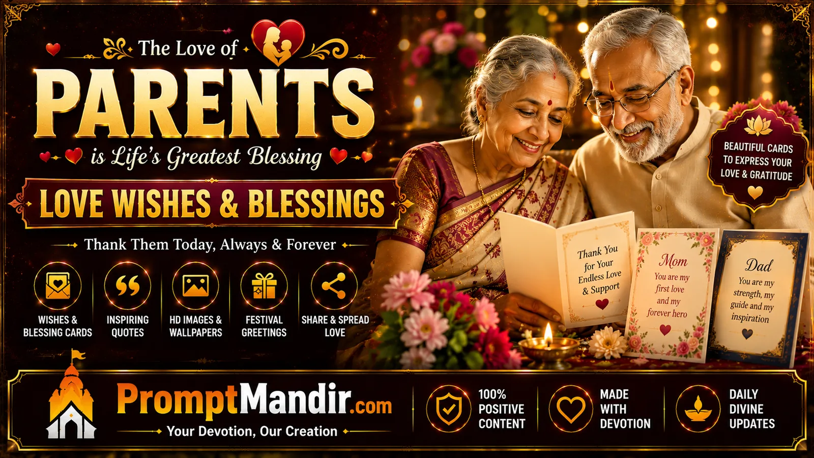 Parents Love Wishes wallpaper with elderly couple and emotional gratitude greeting cards