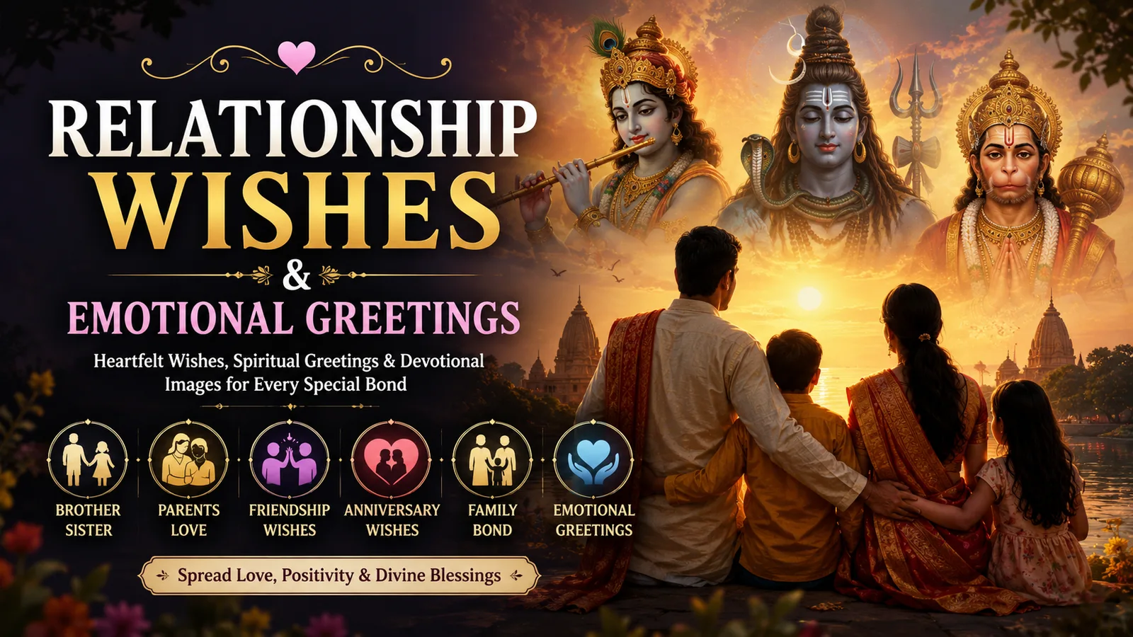 Relationship wishes featuring family greetings, friendship quotes, anniversary wishes, and emotional spiritual wallpapers