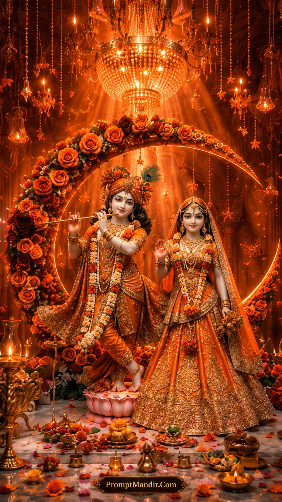 Divine Radha Krishna in glowing orange attire beneath a rose arch with temple chandeliers