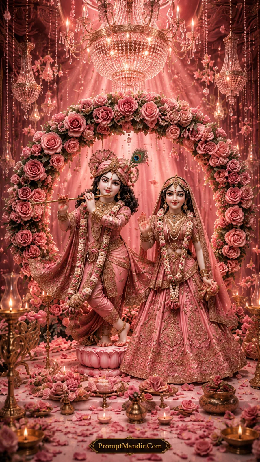 Graceful Radha Krishna wearing elegant pink outfits beneath a blooming pink rose arch