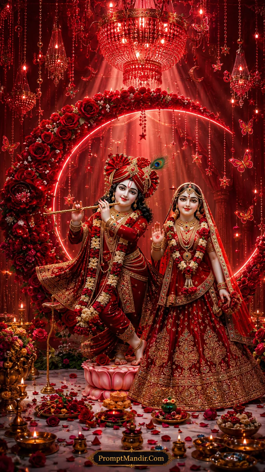 Lord Krishna and Radha dressed in rich red attire with glowing floral decorations