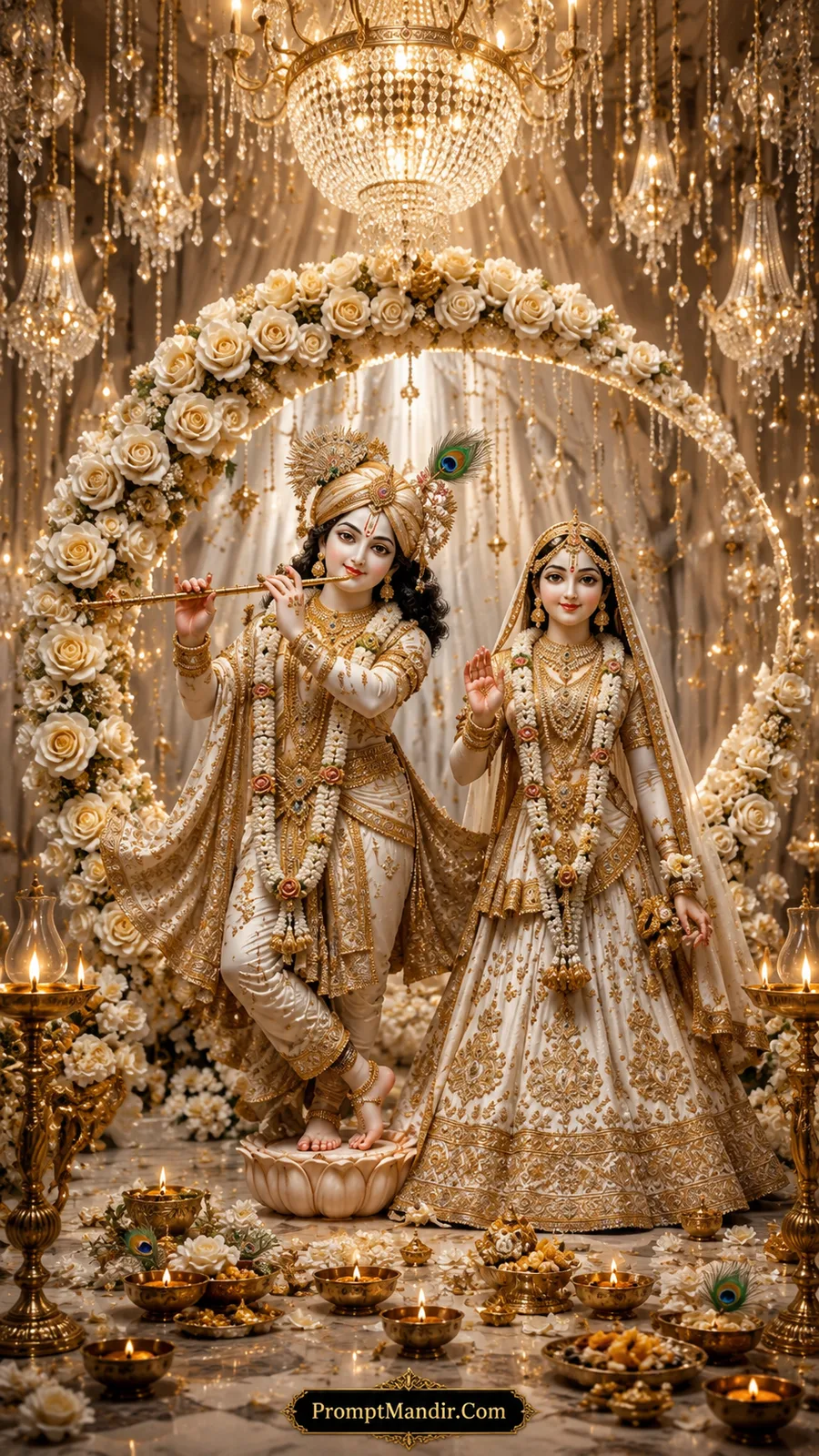 Peaceful Radha Krishna in ivory white attire beneath elegant white floral arch