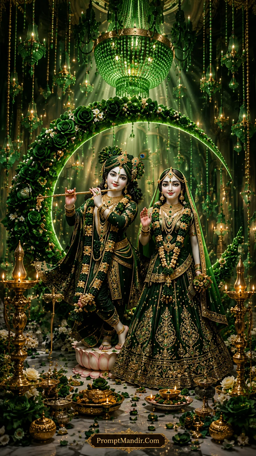 Divine Radha Krishna wearing emerald green attire beneath glowing green rose arch