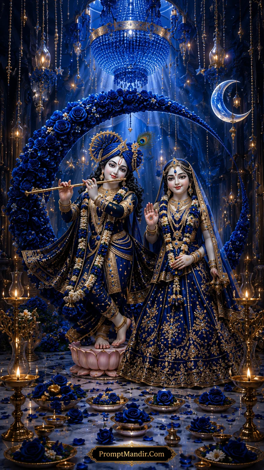 Radha Krishna in royal blue attire beneath glowing moonlit floral arch with diyas