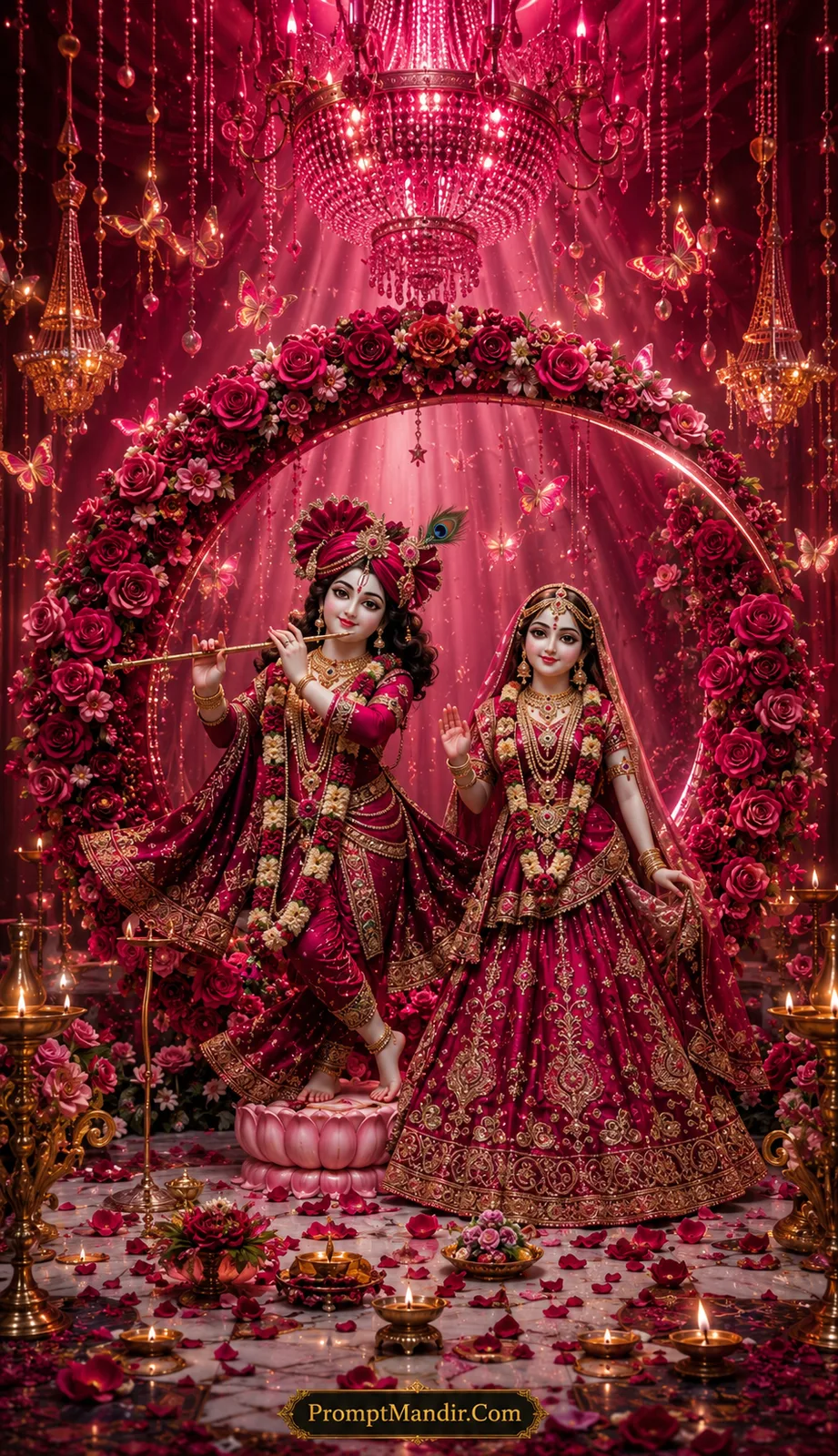 Beautiful Radha Krishna in deep magenta attire surrounded by blooming rose decorations