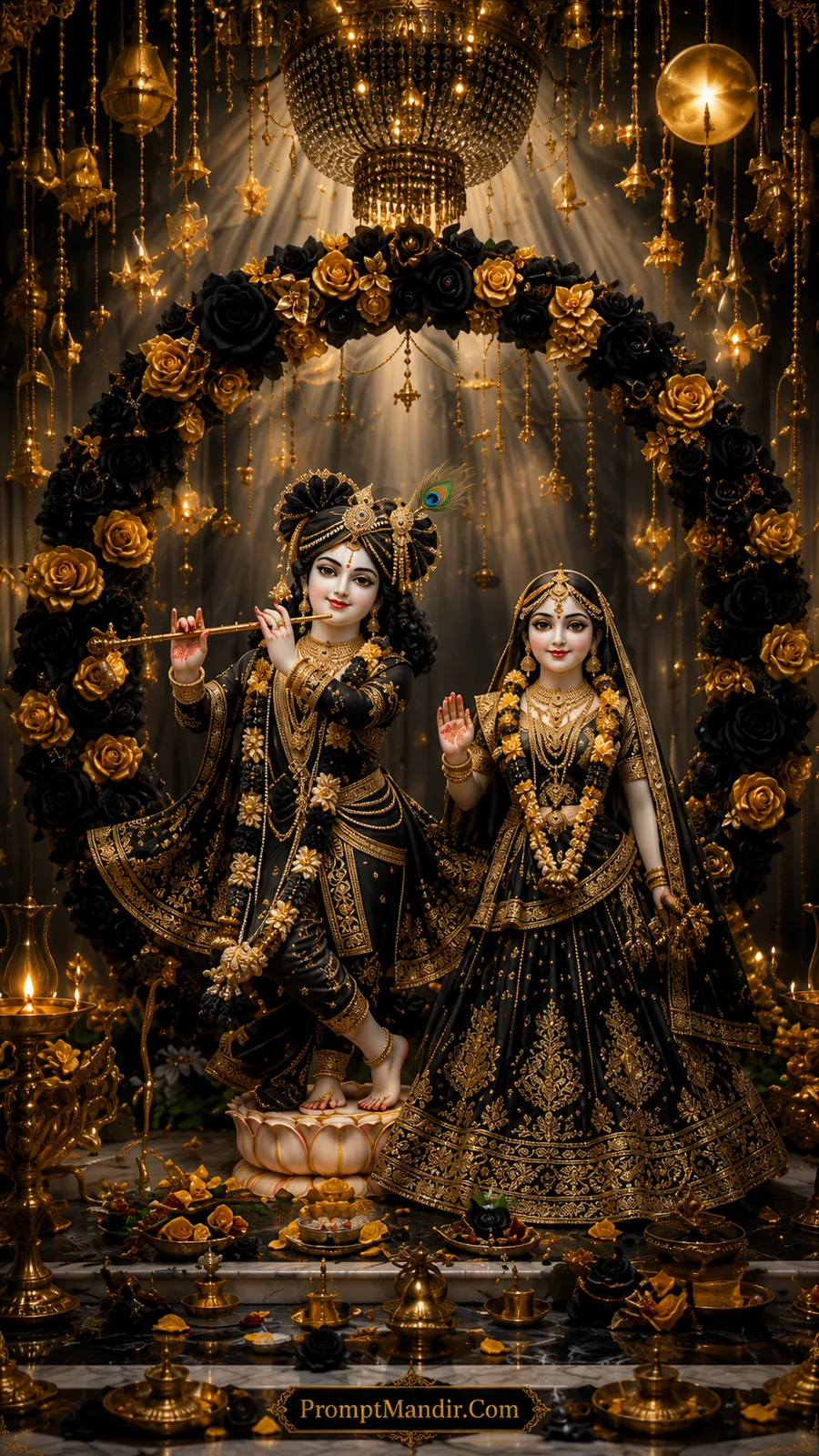 Lord Krishna and Radha in black and gold attire beneath luxurious floral arch