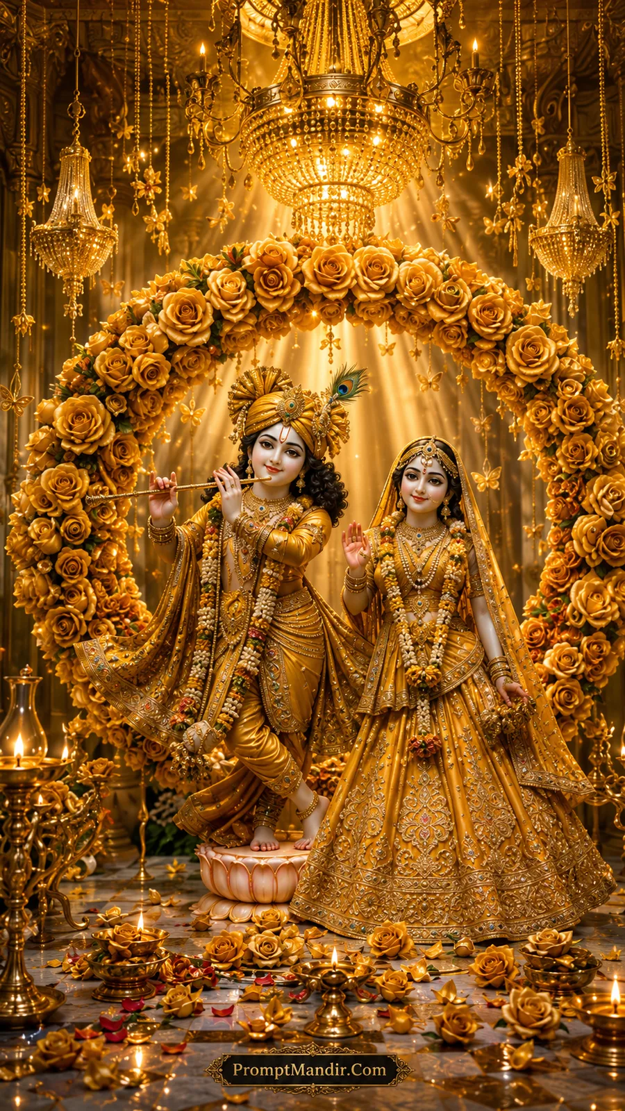 Golden Radha Krishna beneath radiant yellow rose arch with sparkling temple lights