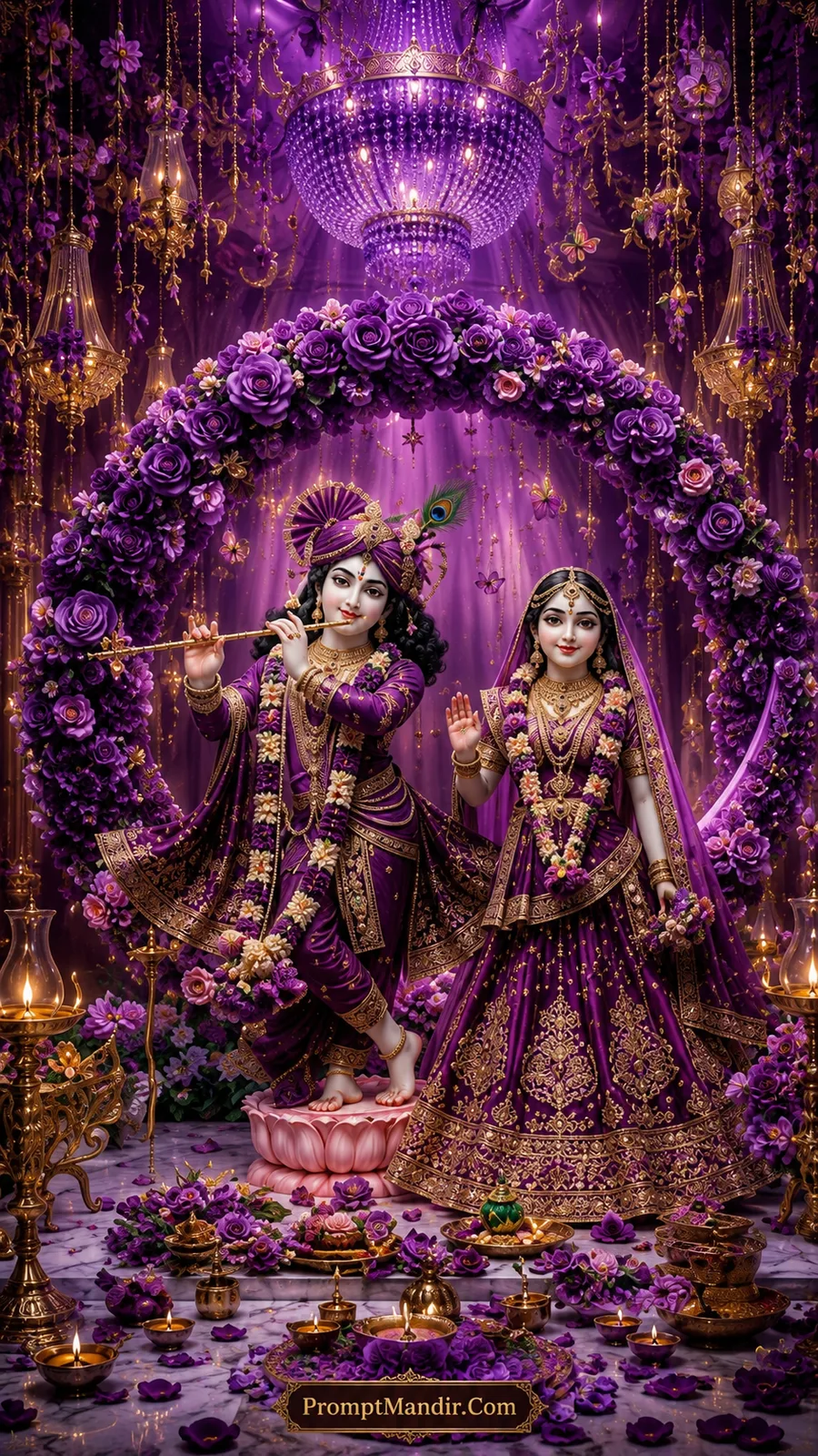 Graceful Radha Krishna dressed in royal purple attire beneath blooming purple floral arch