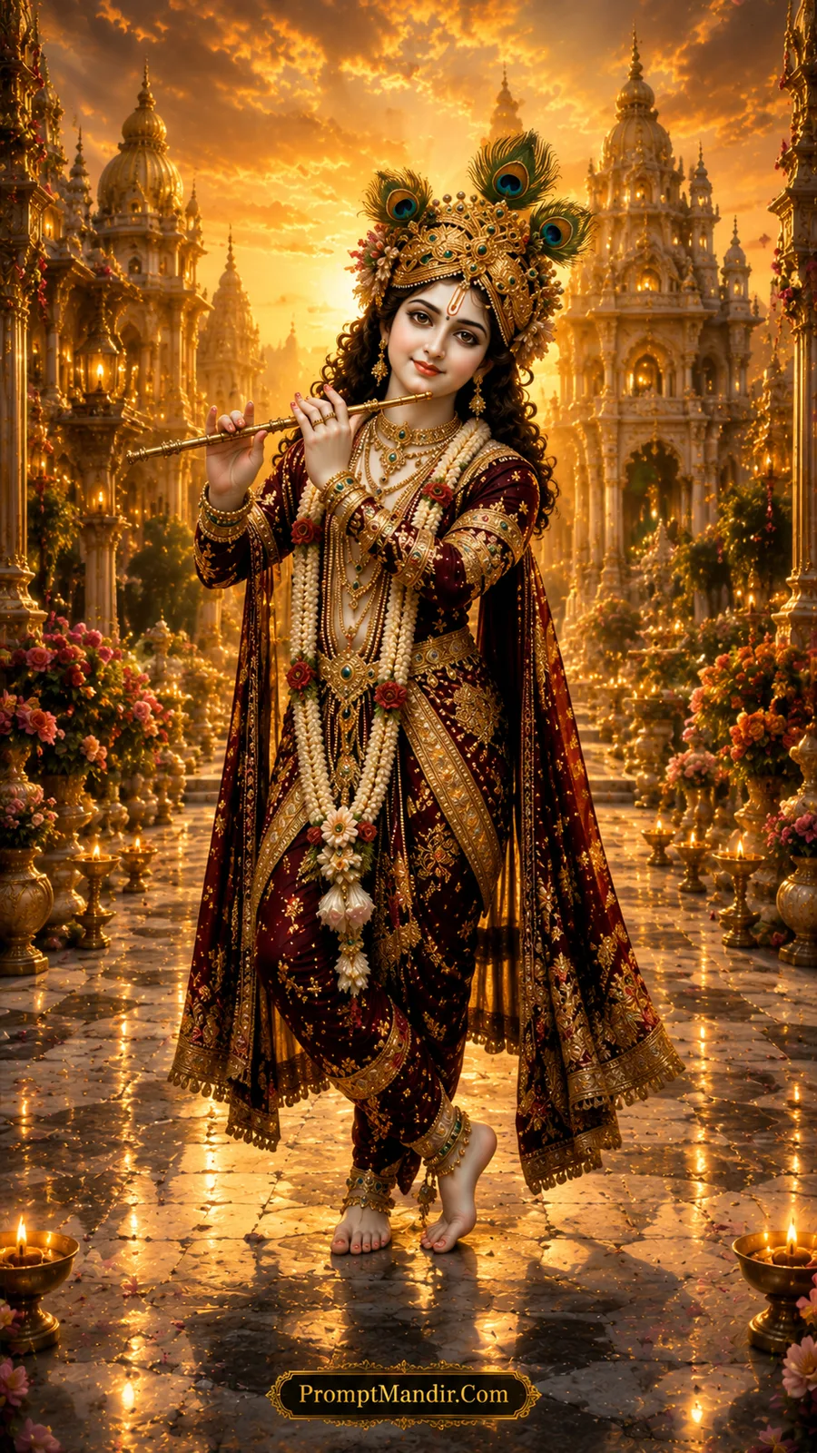 Lord Krishna playing the flute in royal maroon attire before a glowing golden temple courtyard