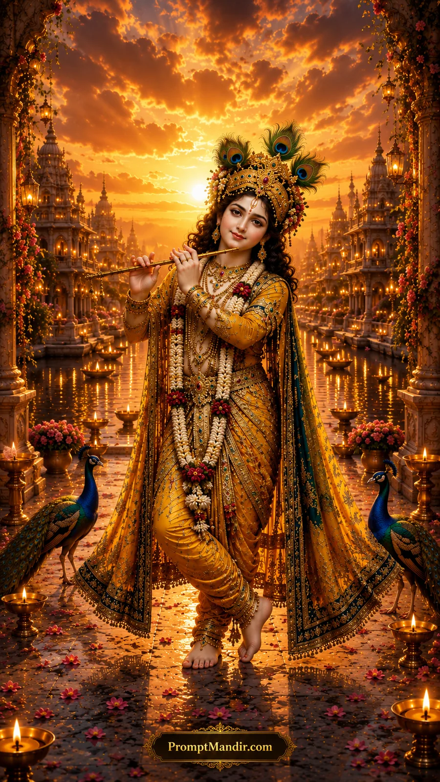 Divine Lord Krishna in golden yellow attire beside peacocks and glowing temple waters