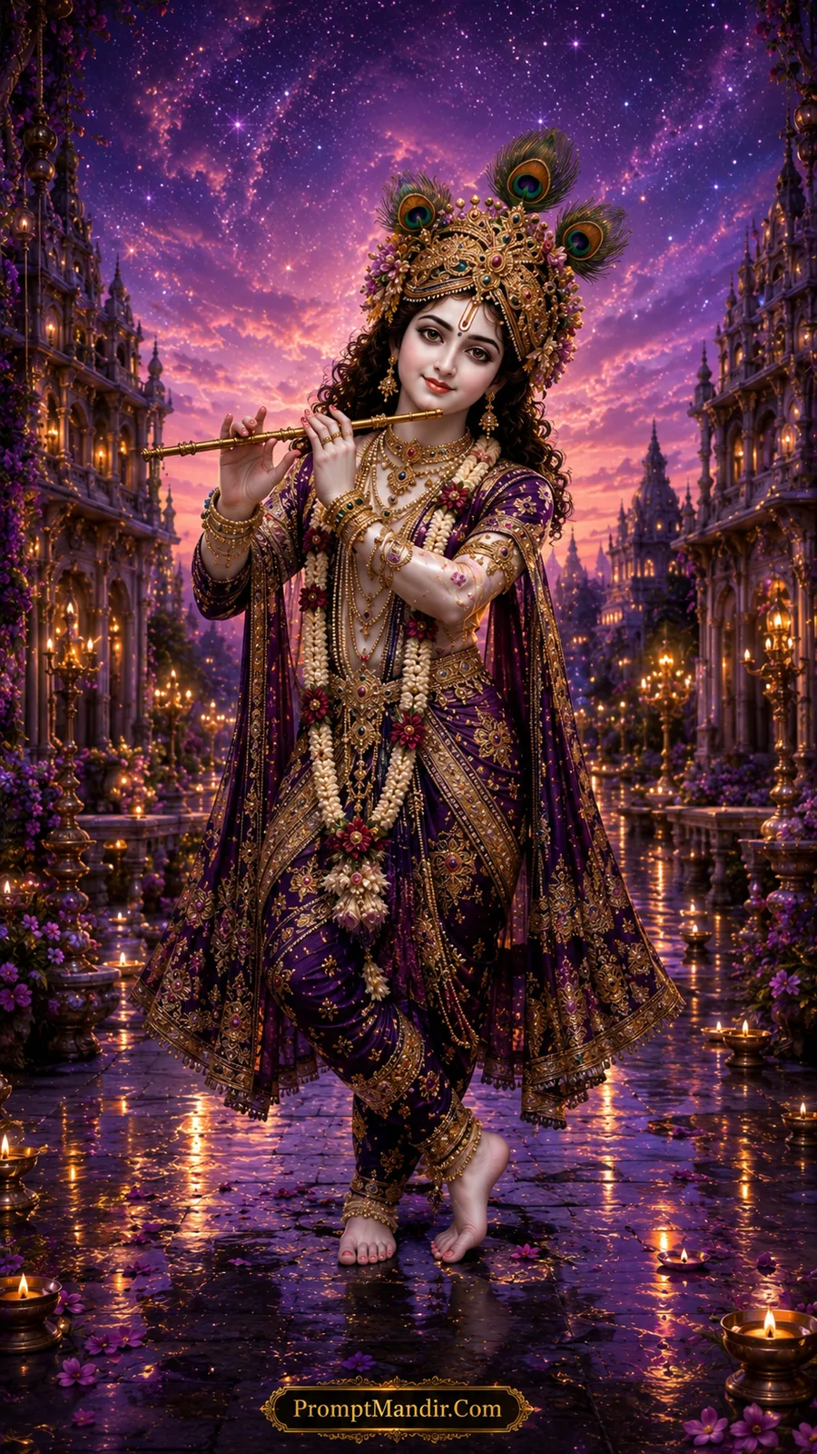 Graceful Lord Krishna in royal purple attire beneath a sparkling twilight sky full of stars