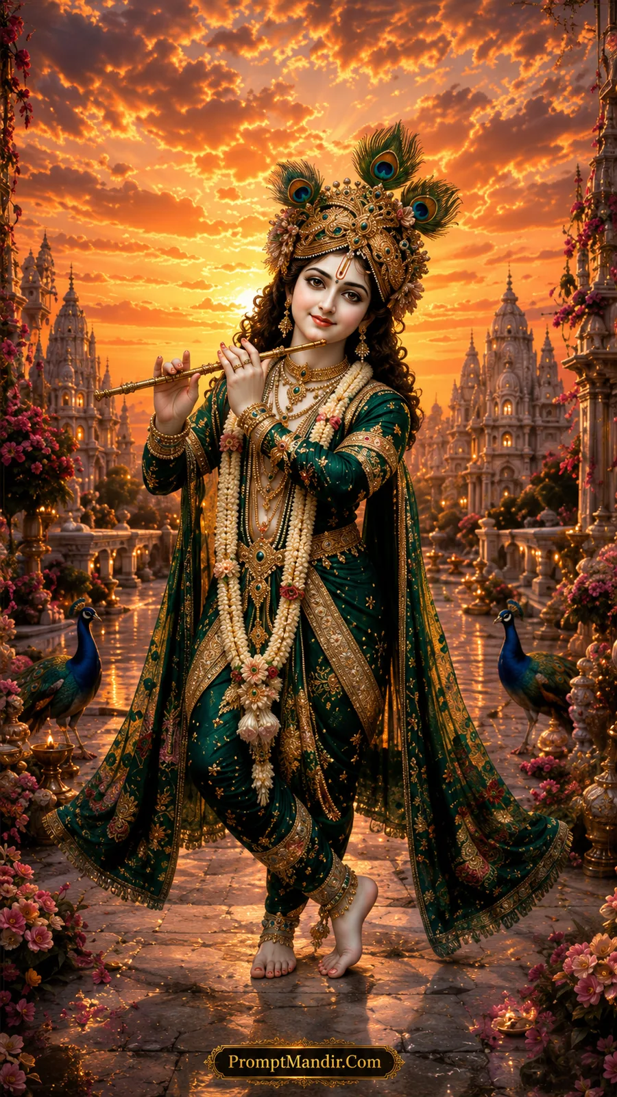 Lord Krishna wearing emerald green attire with peacocks in a glowing sunset temple garden