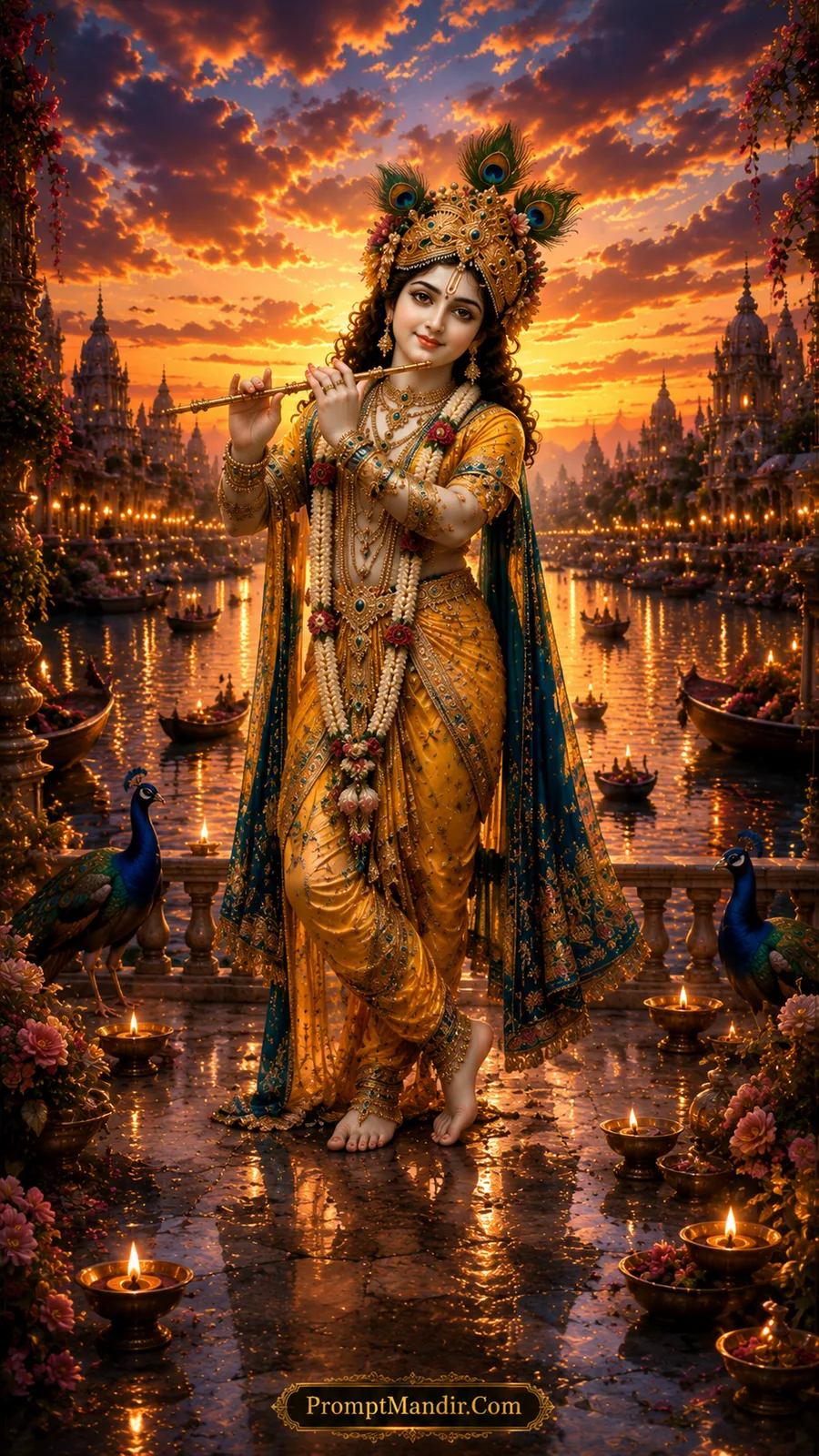Golden Lord Krishna beside peaceful river with glowing sunset boats and temple reflections
