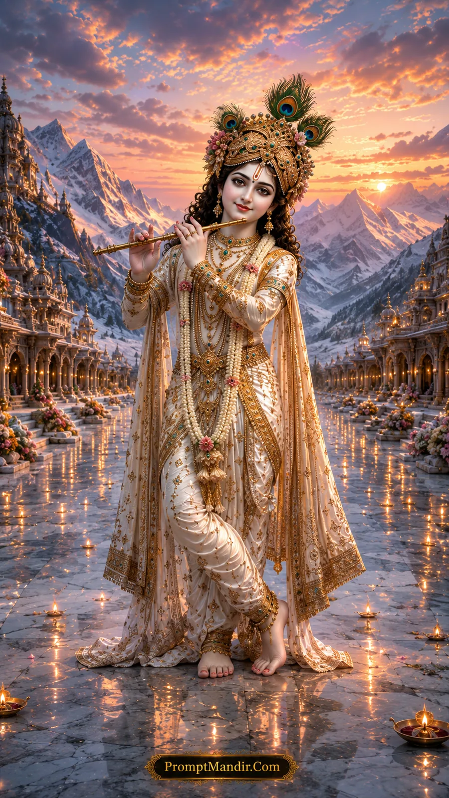 Peaceful Lord Krishna in ivory white attire before majestic snowy Himalayan temple landscape
